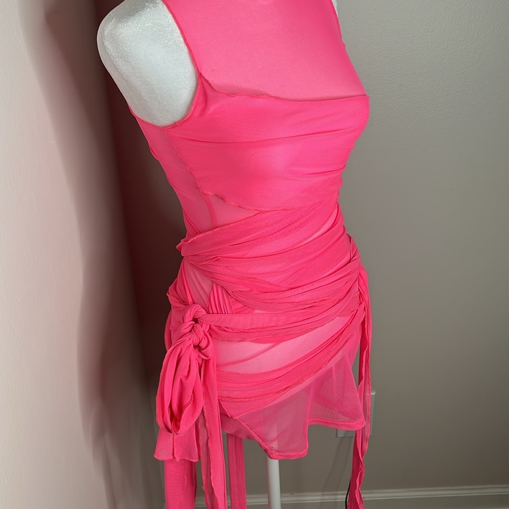 BRAND NEW FASHION NOVA BARBIE PINK MESH WRAP MINI DRESS - Picture 3 of 6